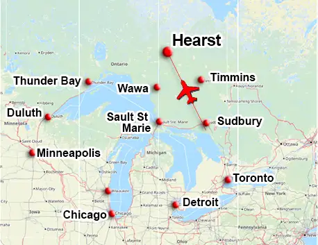 Charter flight route to Hearst Ontario